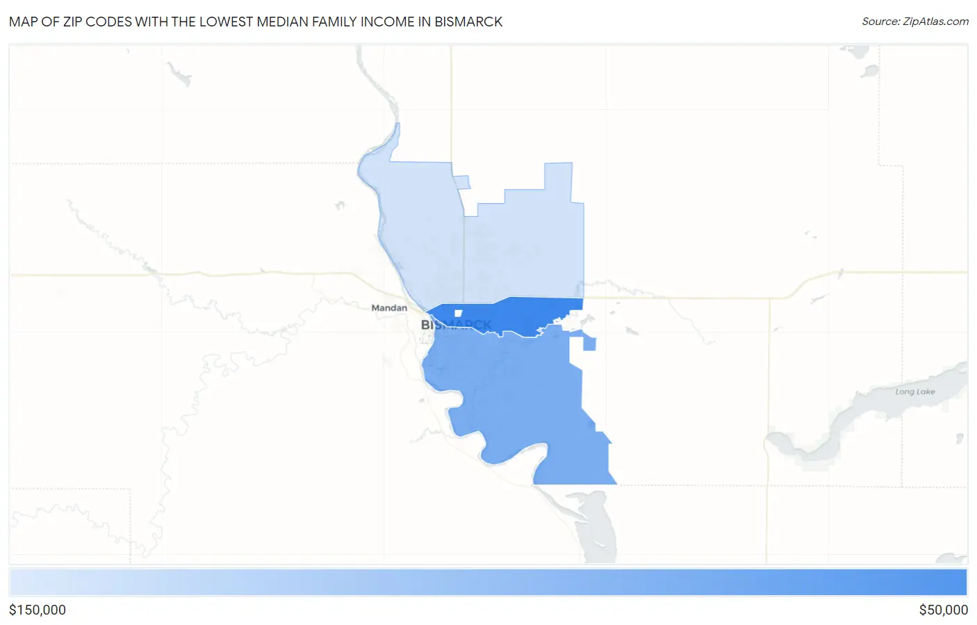 Zip Codes with the Lowest Median Family Income in Bismarck Map