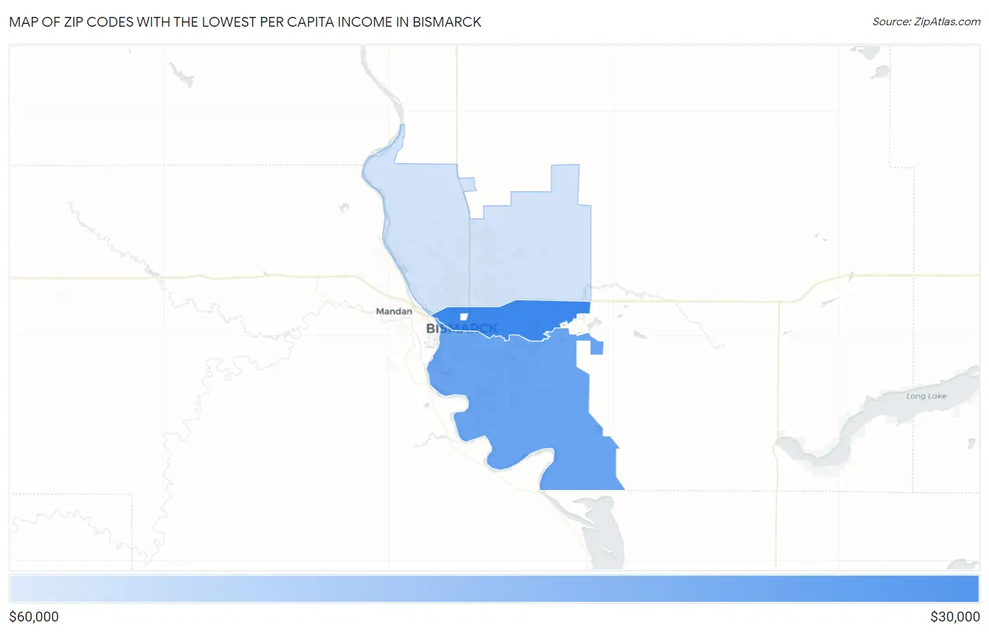 Zip Codes with the Lowest Per Capita Income in Bismarck Map