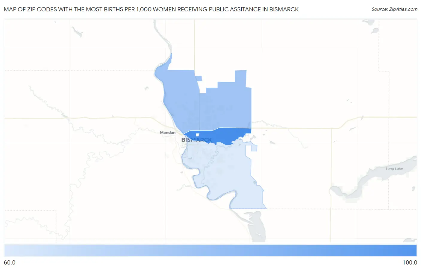 Zip Codes with the Most Births per 1,000 Women Receiving Public Assitance in Bismarck Map