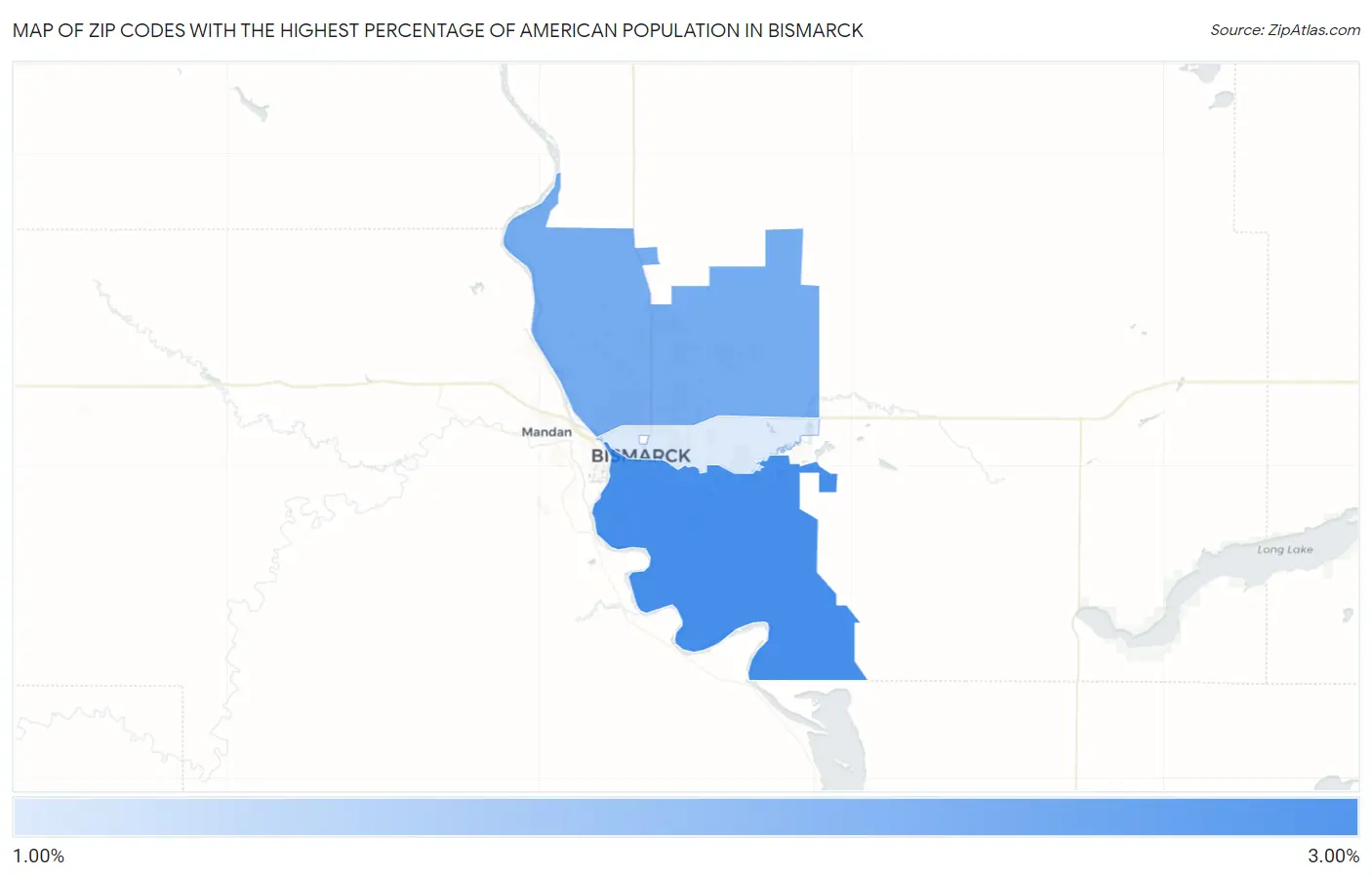 Zip Codes with the Highest Percentage of American Population in Bismarck Map