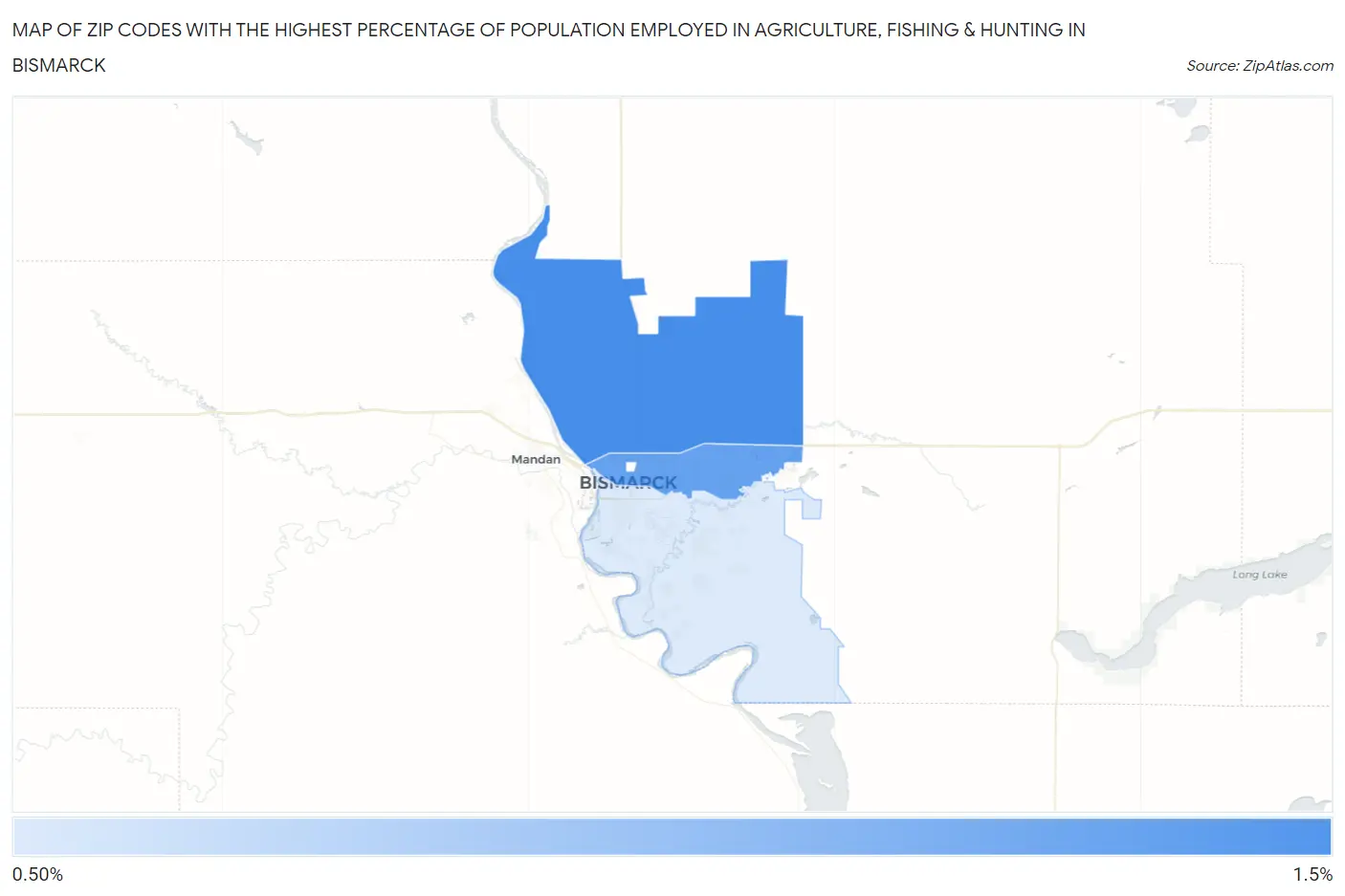 Zip Codes with the Highest Percentage of Population Employed in Agriculture, Fishing & Hunting in Bismarck Map
