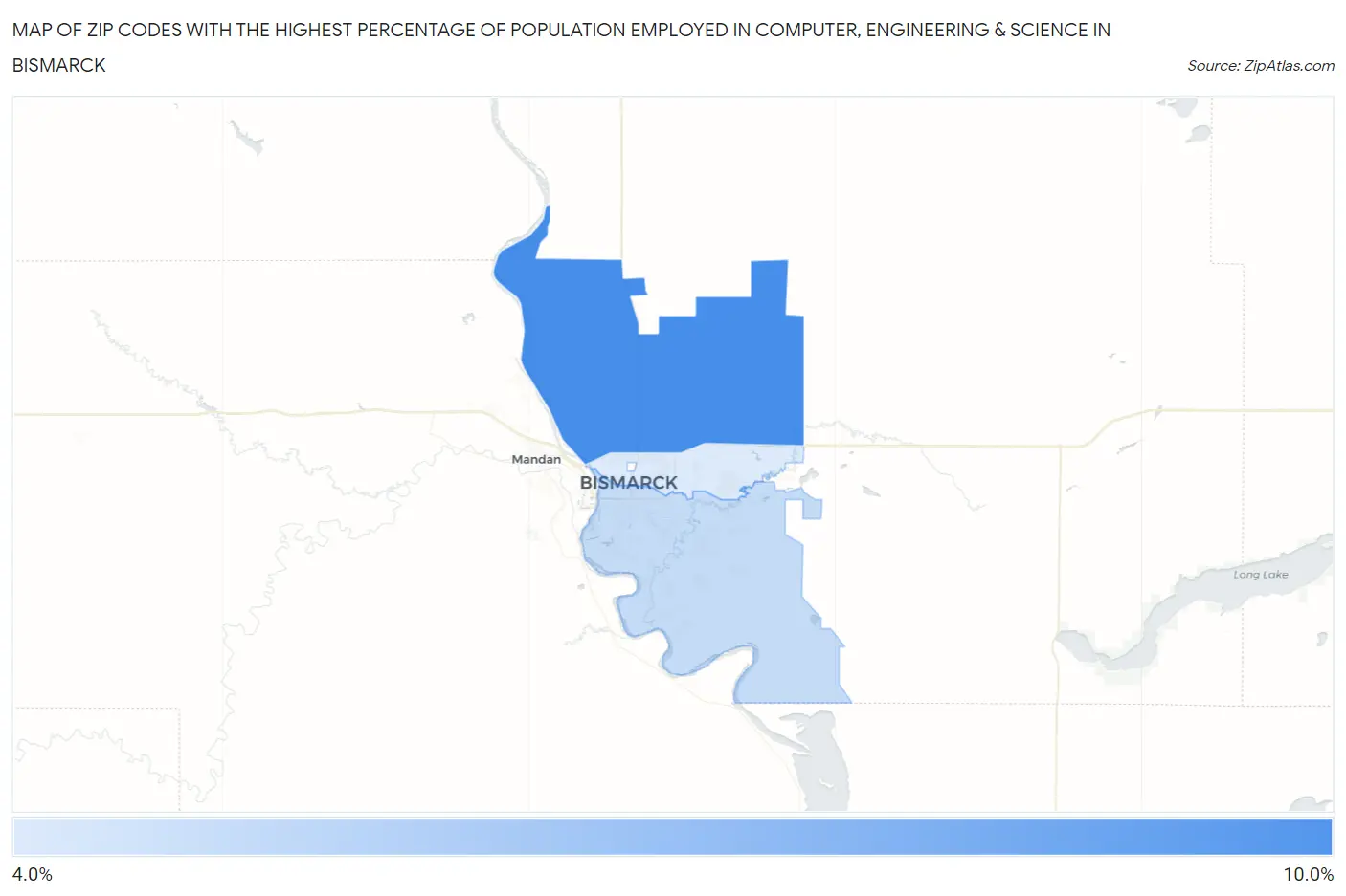 Zip Codes with the Highest Percentage of Population Employed in Computer, Engineering & Science in Bismarck Map