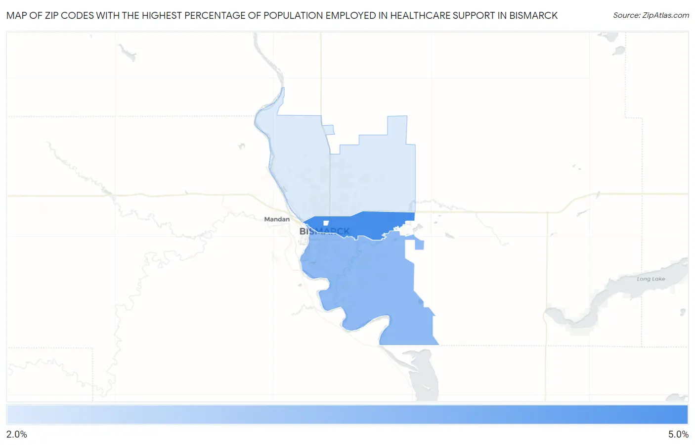 Zip Codes with the Highest Percentage of Population Employed in Healthcare Support in Bismarck Map