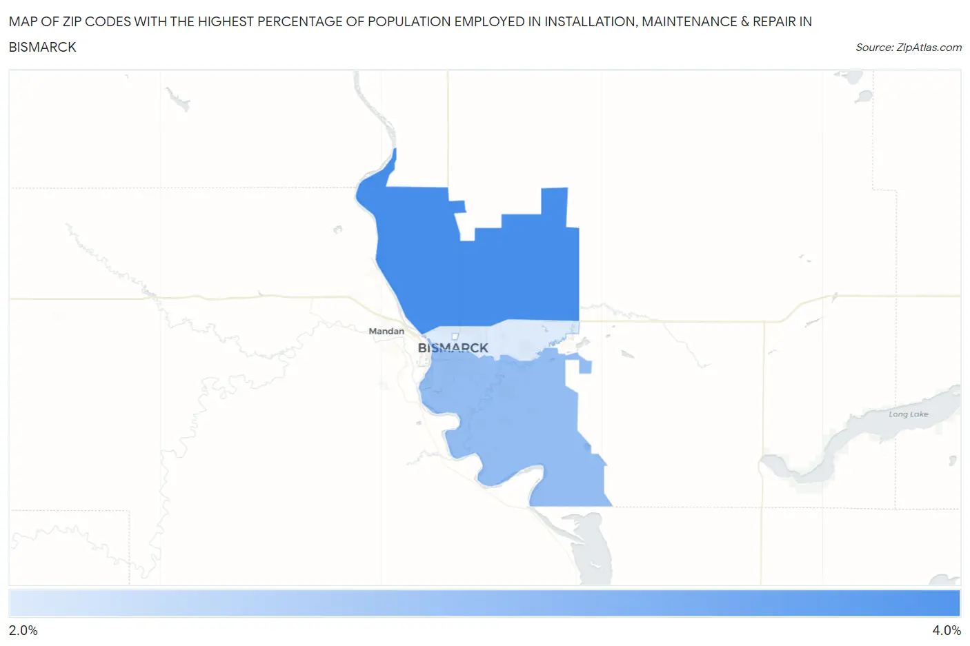Zip Codes with the Highest Percentage of Population Employed in Installation, Maintenance & Repair in Bismarck Map