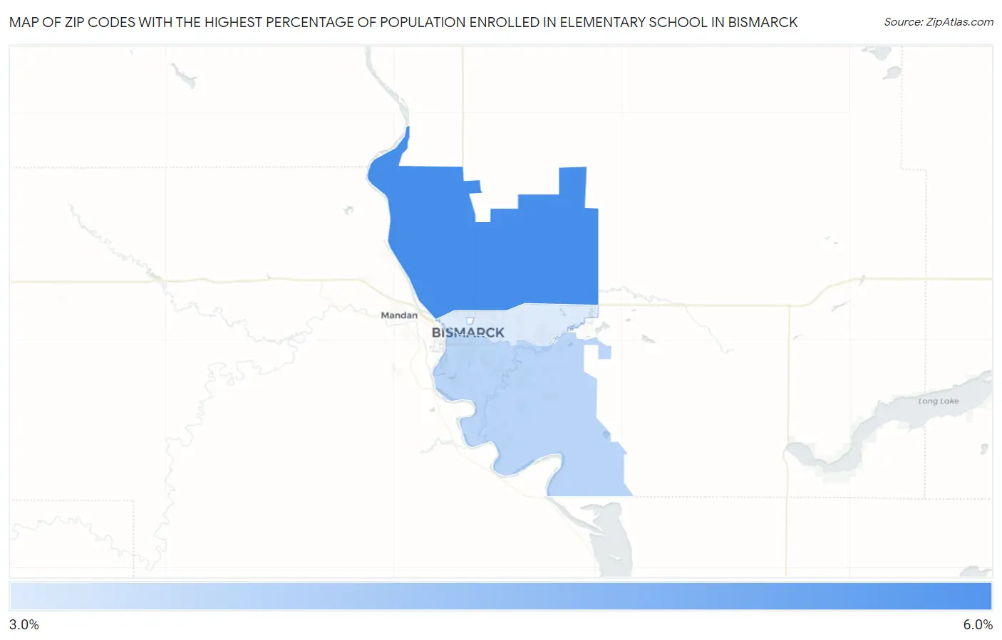 Zip Codes with the Highest Percentage of Population Enrolled in Elementary School in Bismarck Map