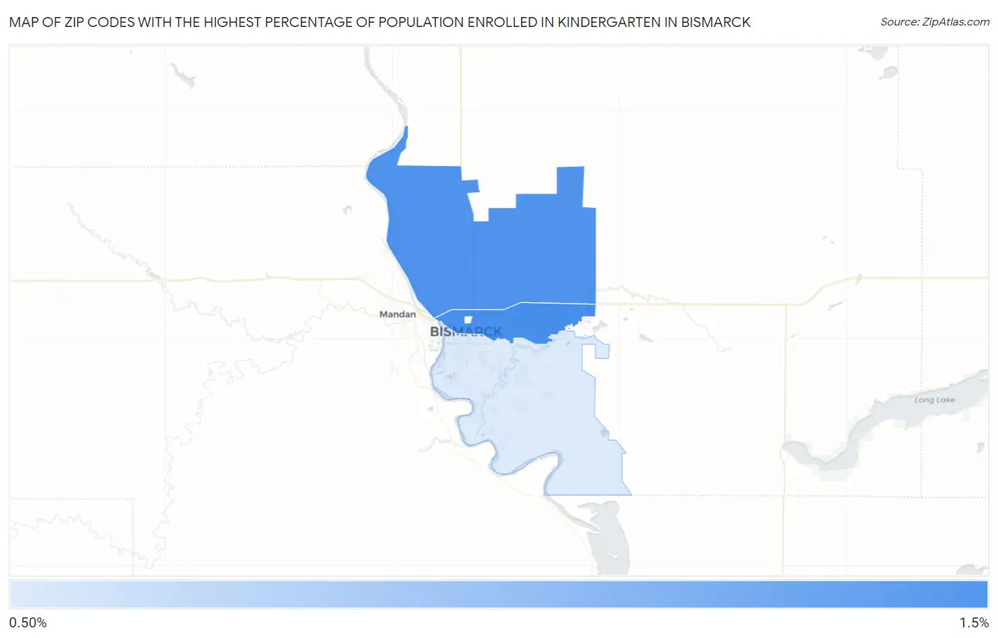 Zip Codes with the Highest Percentage of Population Enrolled in Kindergarten in Bismarck Map