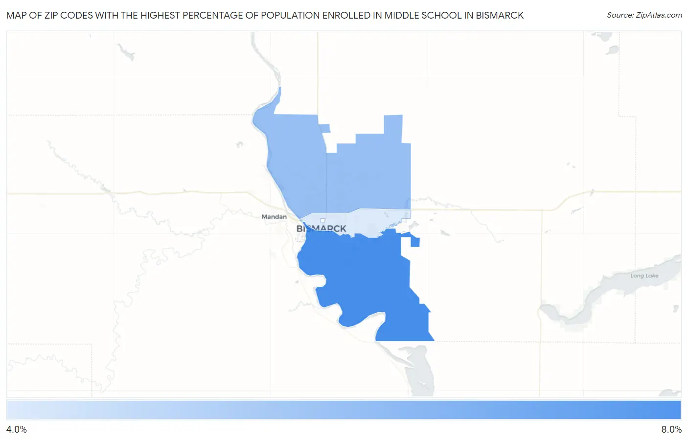 Zip Codes with the Highest Percentage of Population Enrolled in Middle School in Bismarck Map