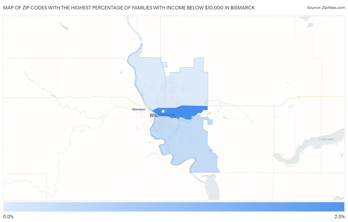 Zip Codes with the Highest Percentage of Families with Income Below $10,000 in Bismarck Map