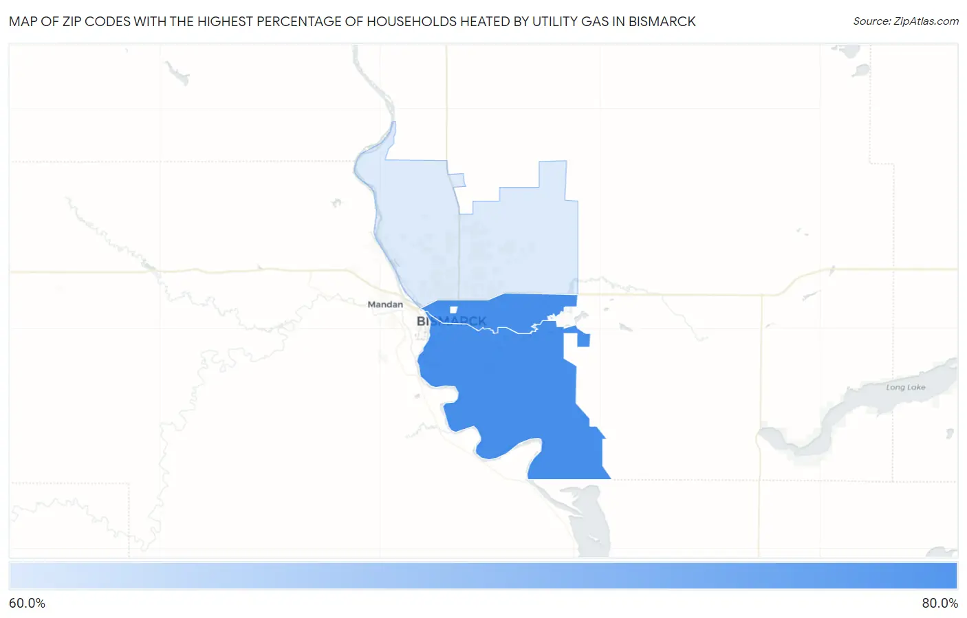 Zip Codes with the Highest Percentage of Households Heated by Utility Gas in Bismarck Map