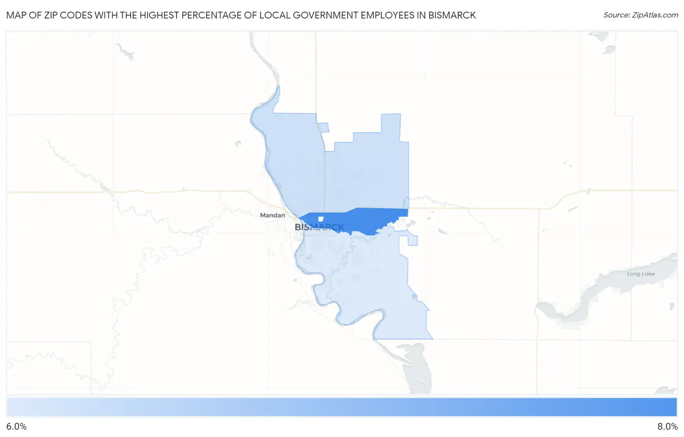 Zip Codes with the Highest Percentage of Local Government Employees in Bismarck Map