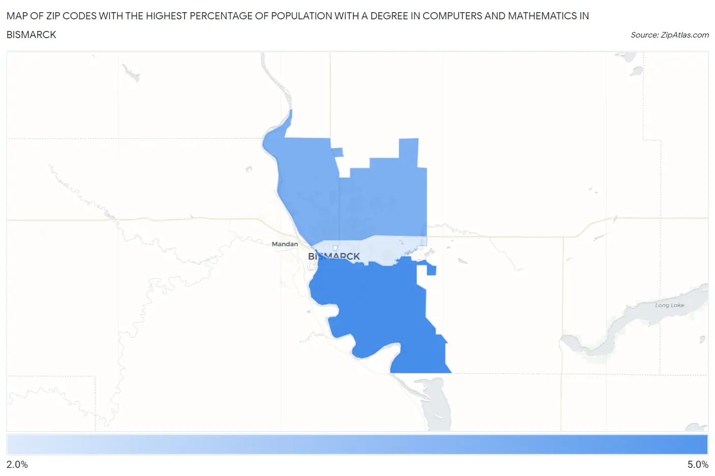 Zip Codes with the Highest Percentage of Population with a Degree in Computers and Mathematics in Bismarck Map