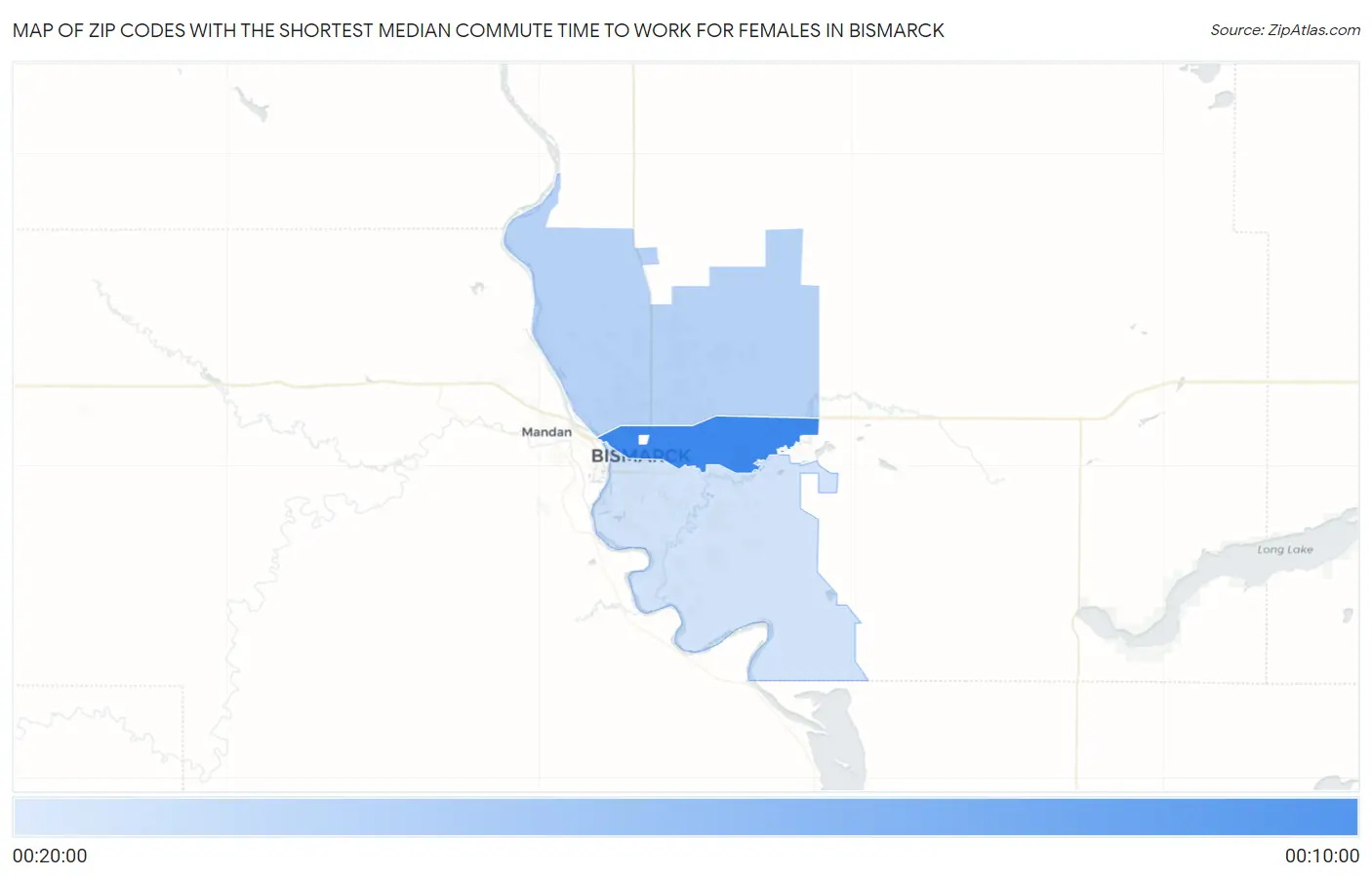 Zip Codes with the Shortest Median Commute Time to Work for Females in Bismarck Map