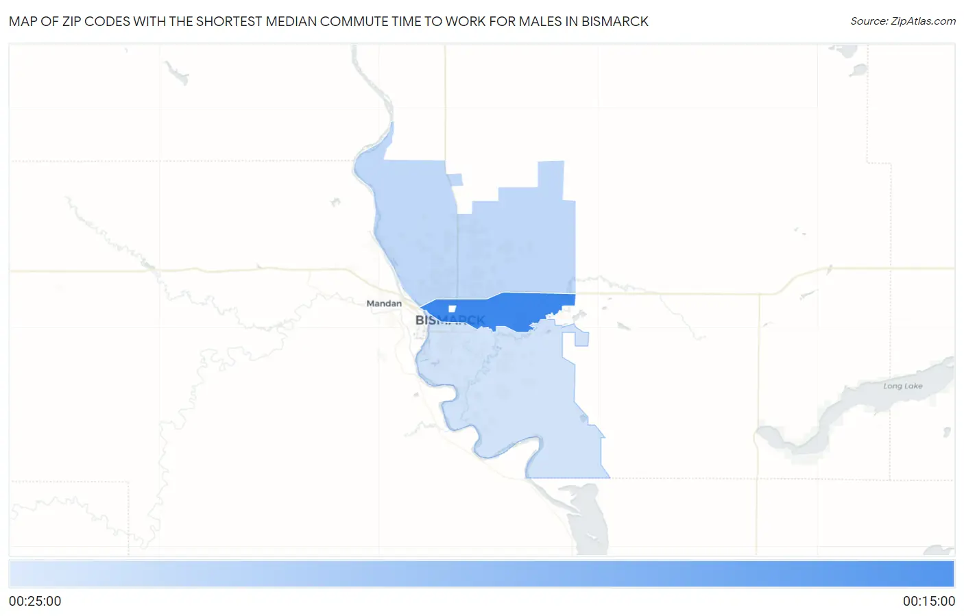 Zip Codes with the Shortest Median Commute Time to Work for Males in Bismarck Map