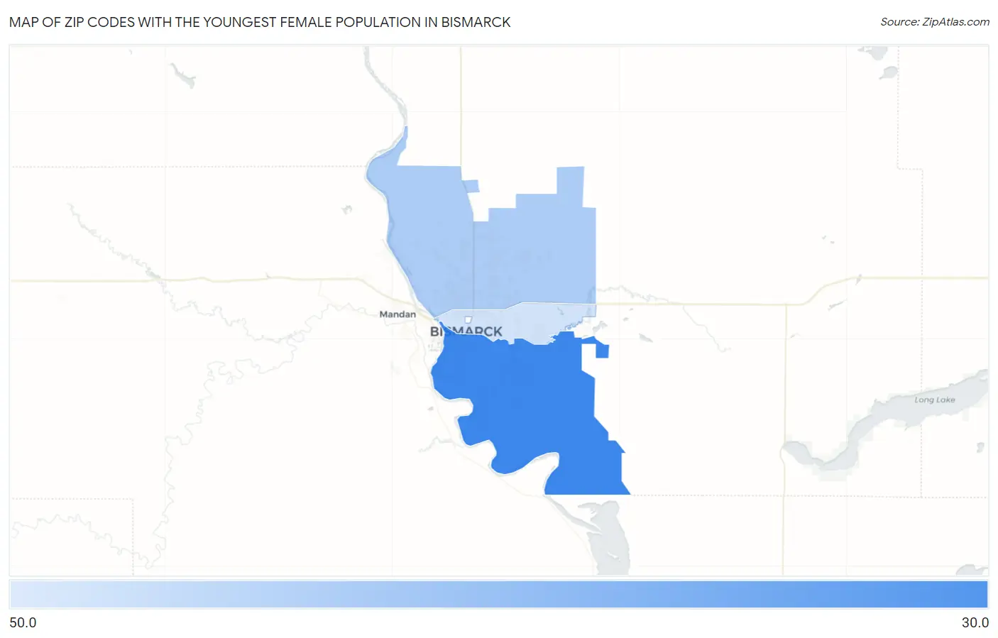 Zip Codes with the Youngest Female Population in Bismarck Map