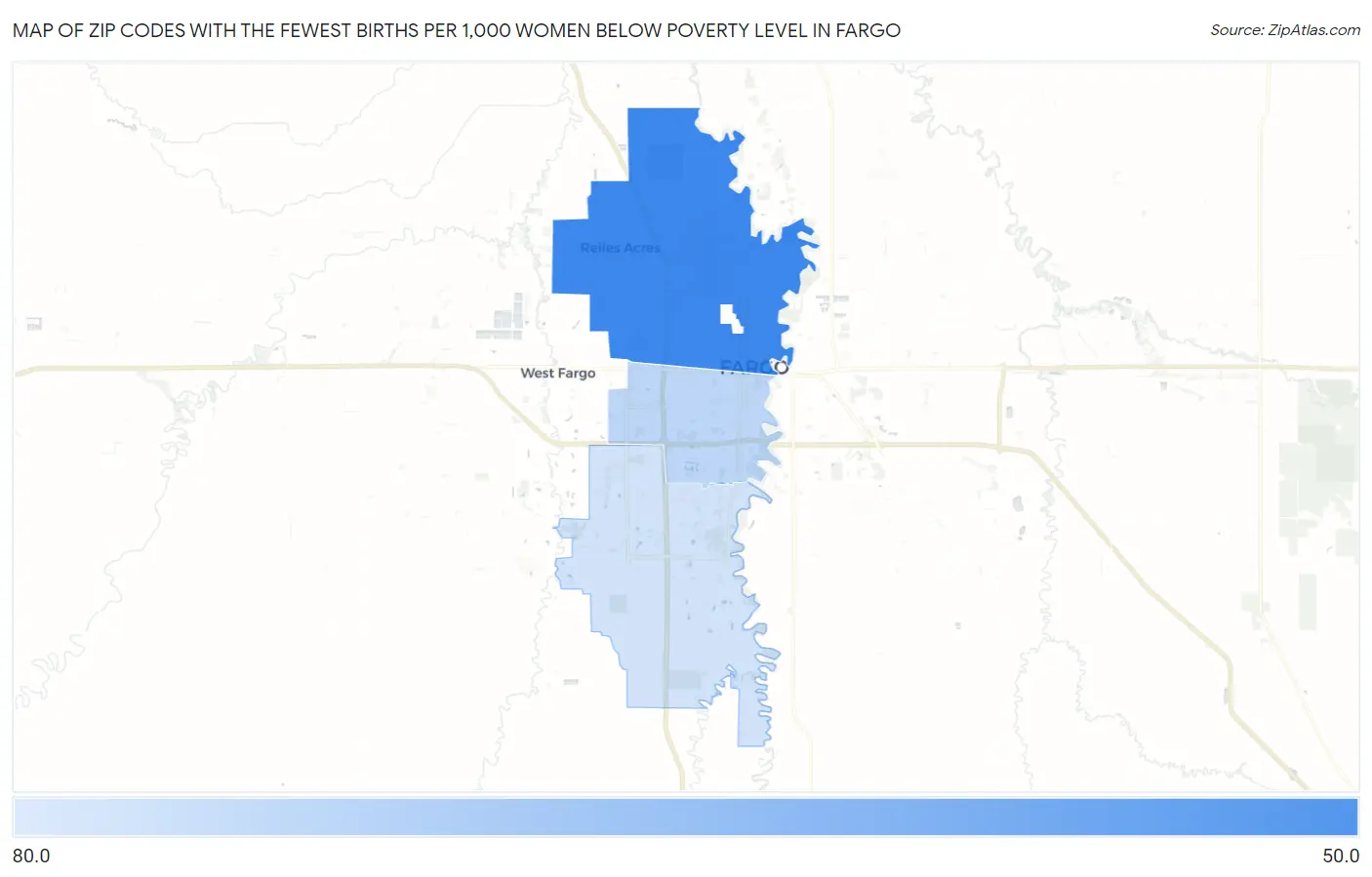 Zip Codes with the Fewest Births per 1,000 Women Below Poverty Level in Fargo Map