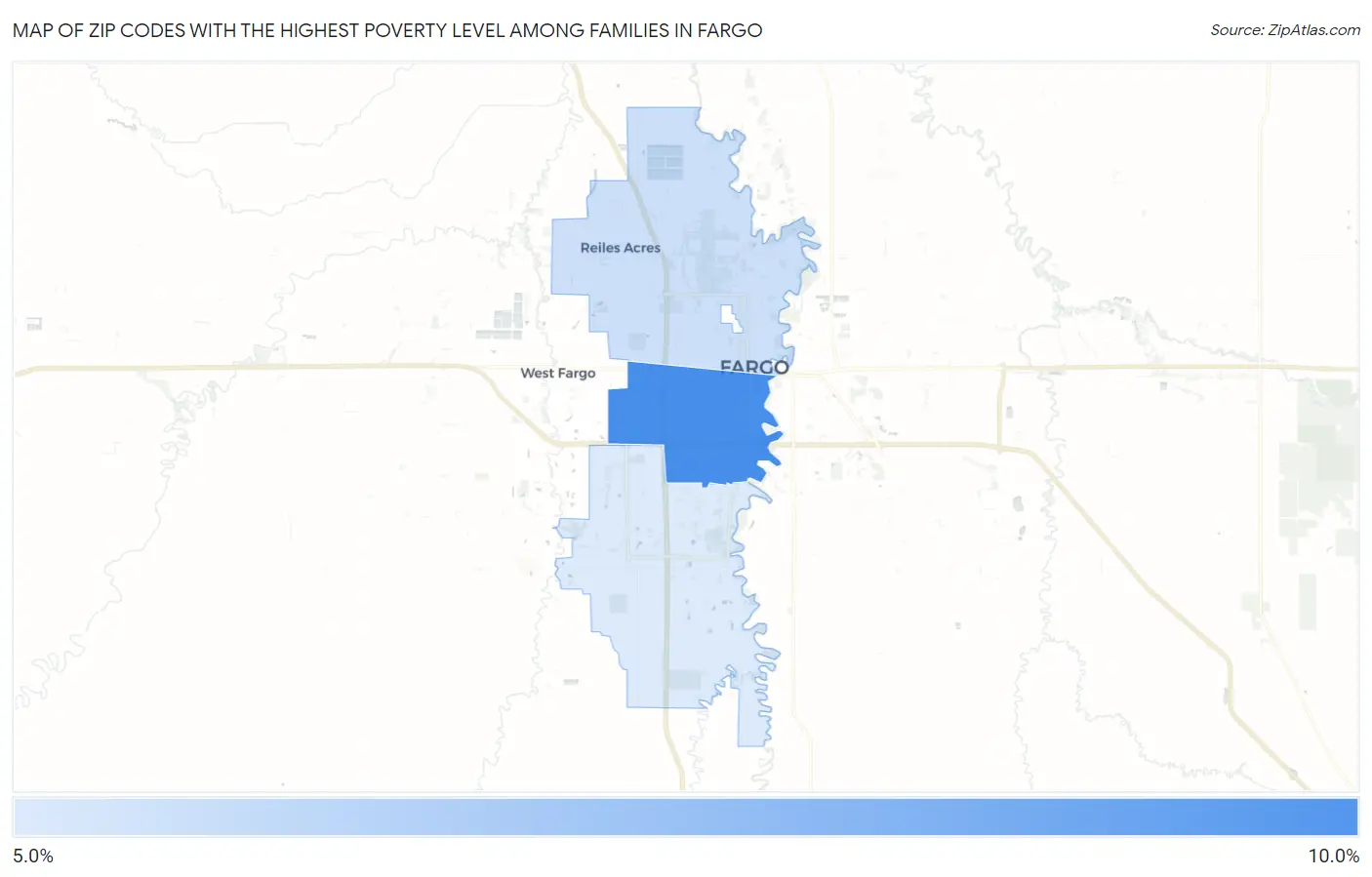 Zip Codes with the Highest Poverty Level Among Families in Fargo Map