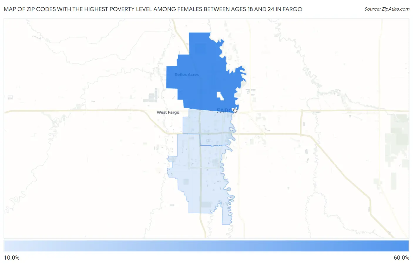 Zip Codes with the Highest Poverty Level Among Females Between Ages 18 and 24 in Fargo Map