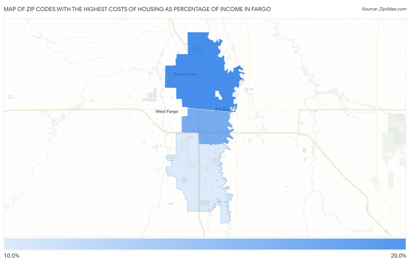 Zip Codes with the Highest Costs of Housing as Percentage of Income in Fargo Map