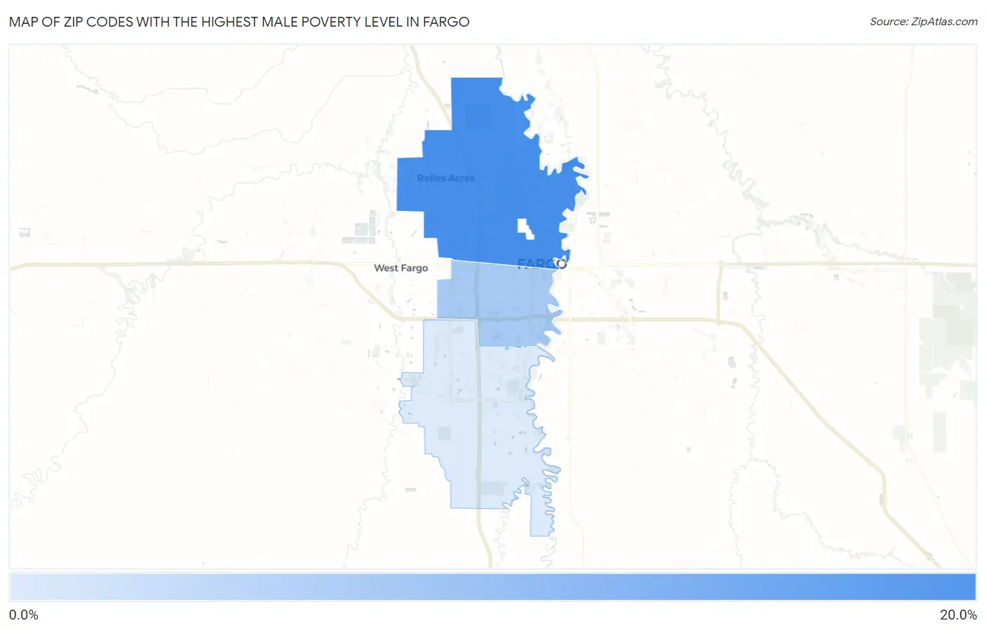 Zip Codes with the Highest Male Poverty Level in Fargo Map