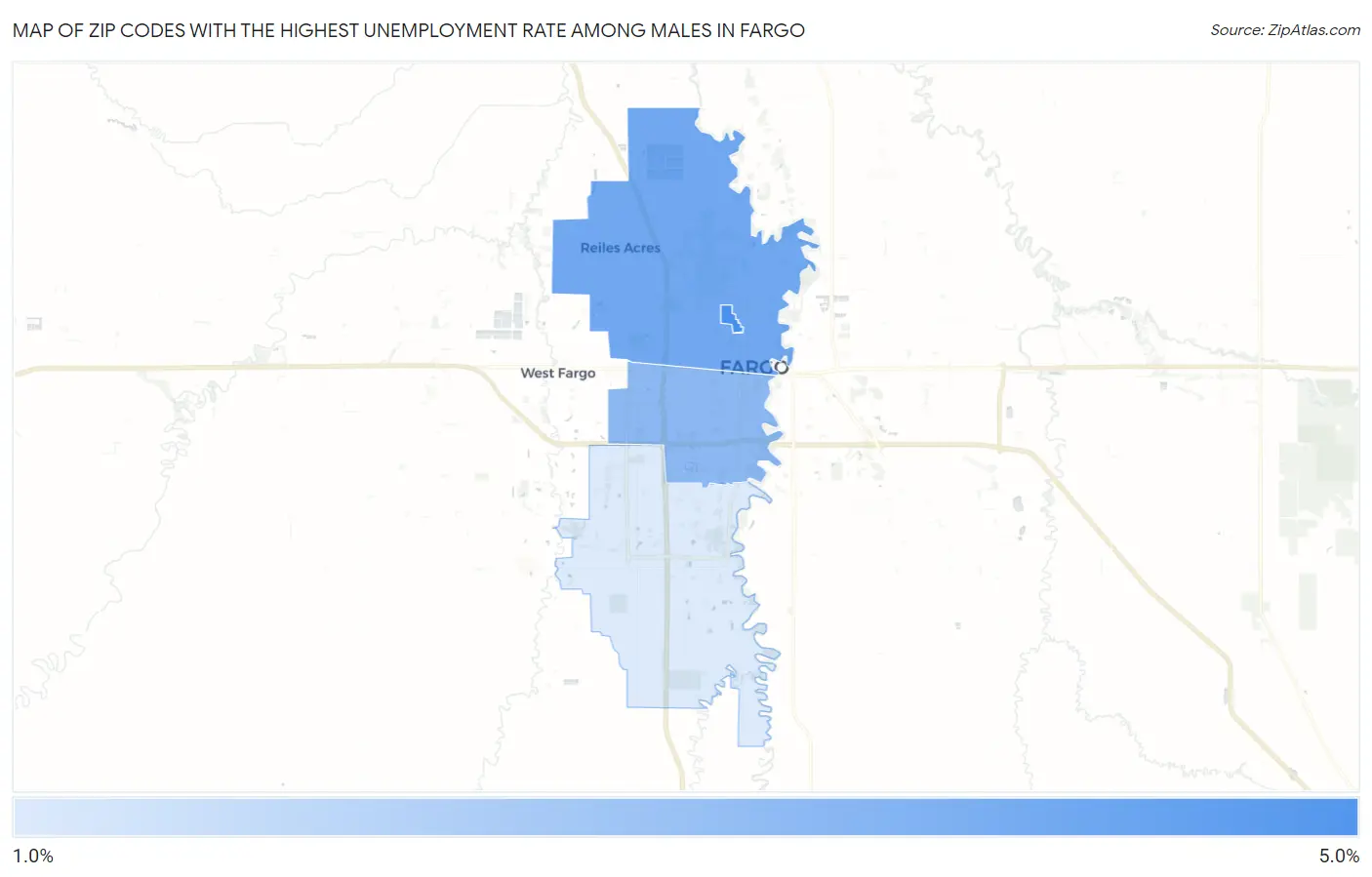 Zip Codes with the Highest Unemployment Rate Among Males in Fargo Map
