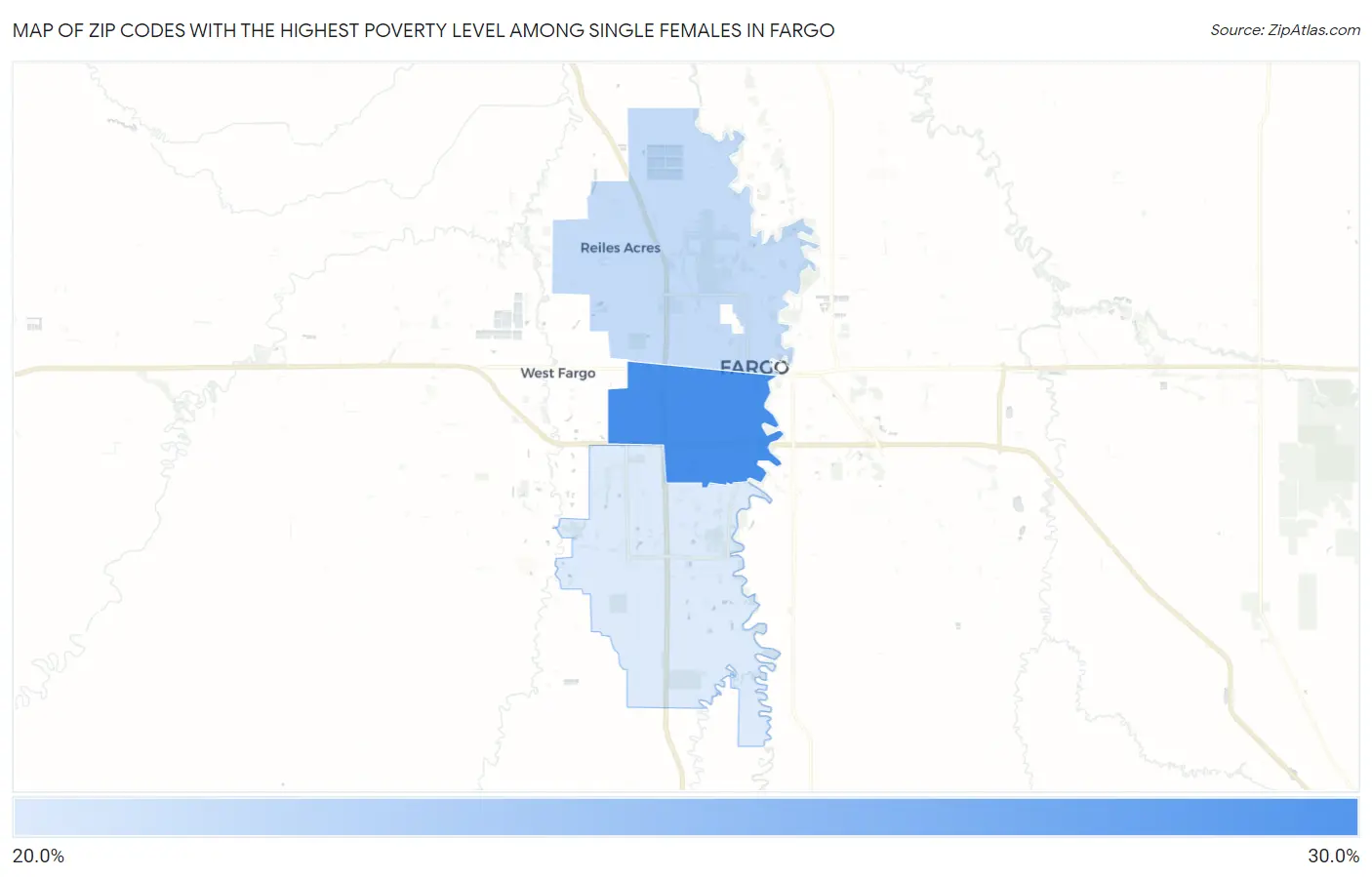 Zip Codes with the Highest Poverty Level Among Single Females in Fargo Map