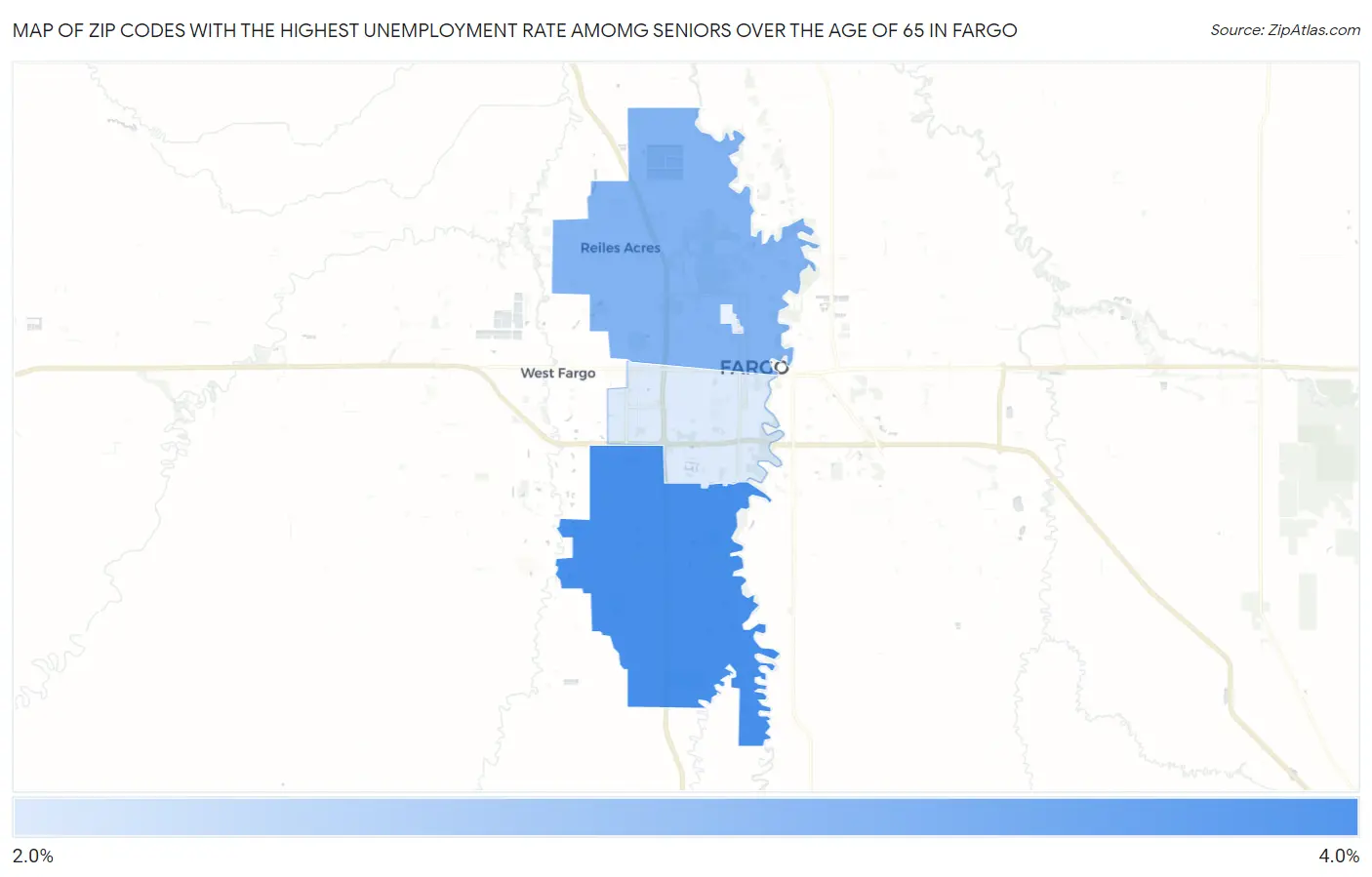 Zip Codes with the Highest Unemployment Rate Amomg Seniors Over the Age of 65 in Fargo Map
