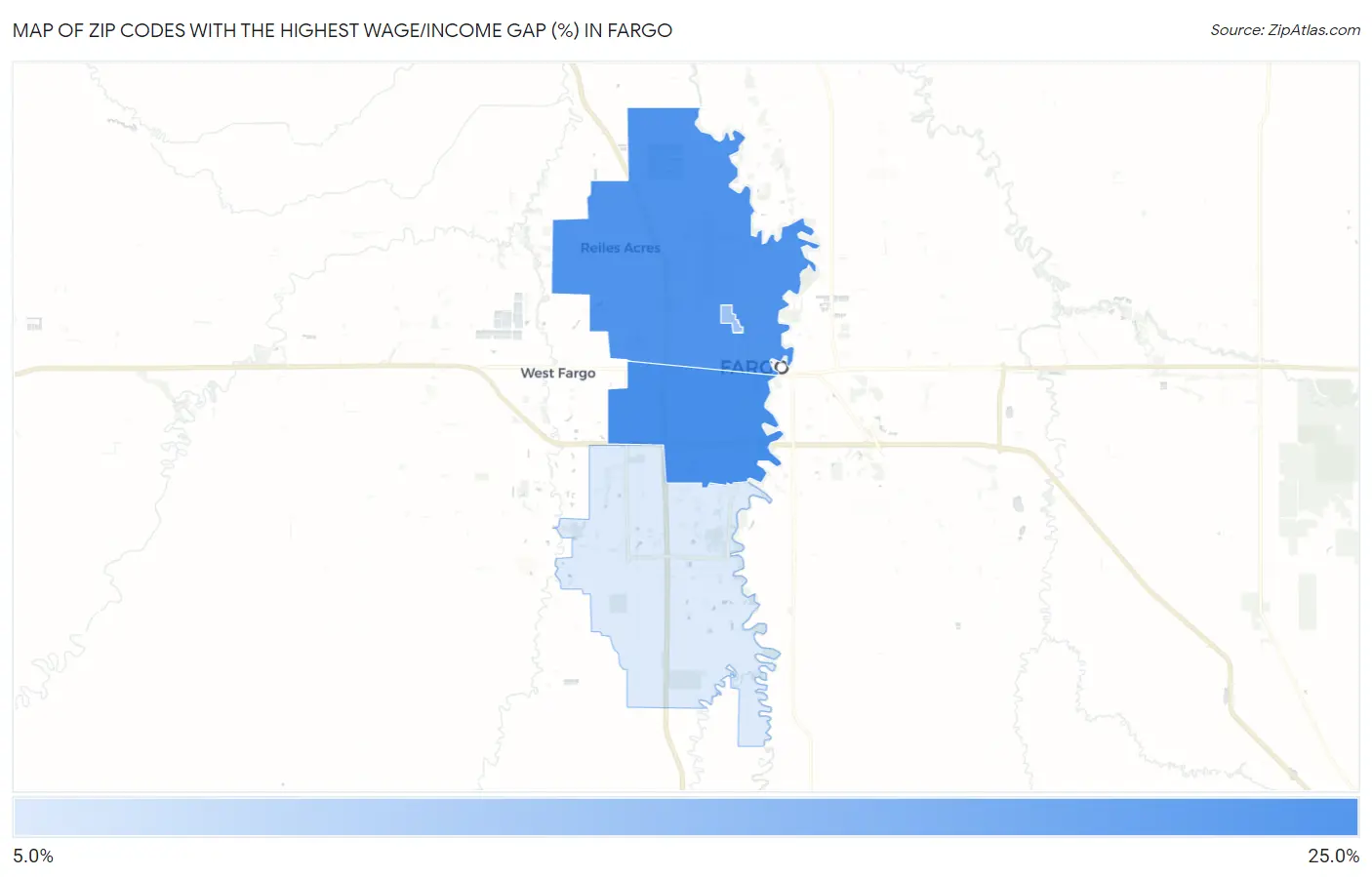 Zip Codes with the Highest Wage/Income Gap (%) in Fargo Map