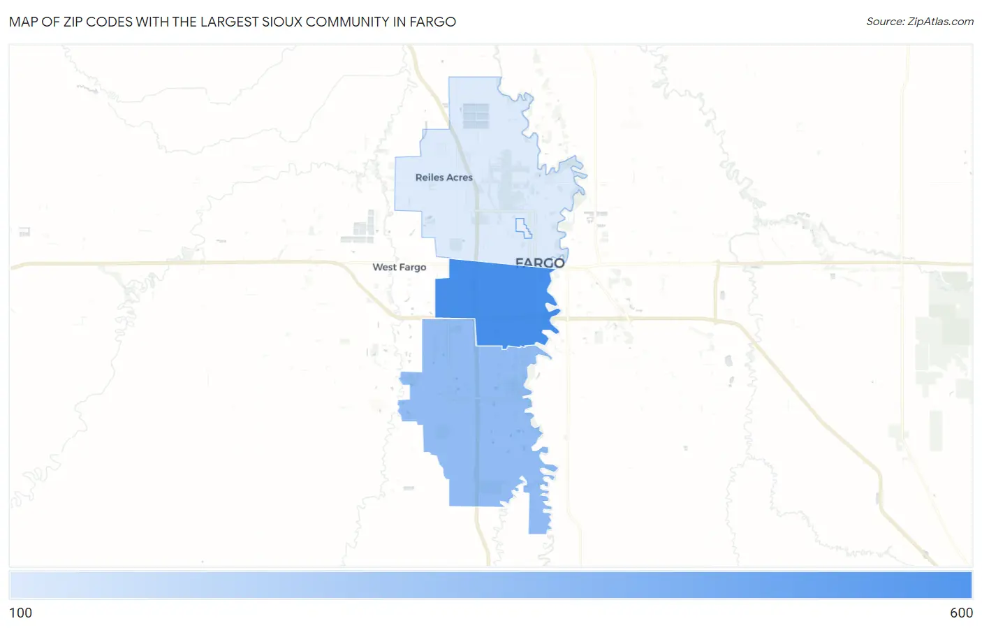Zip Codes with the Largest Sioux Community in Fargo Map