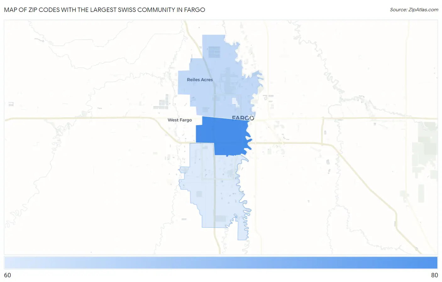 Zip Codes with the Largest Swiss Community in Fargo Map
