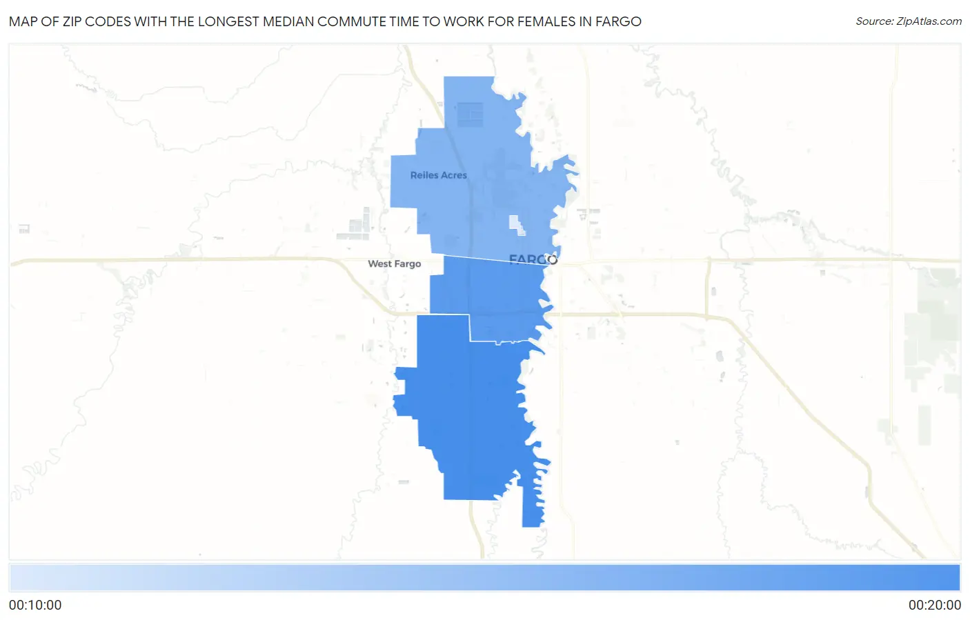 Zip Codes with the Longest Median Commute Time to Work for Females in Fargo Map