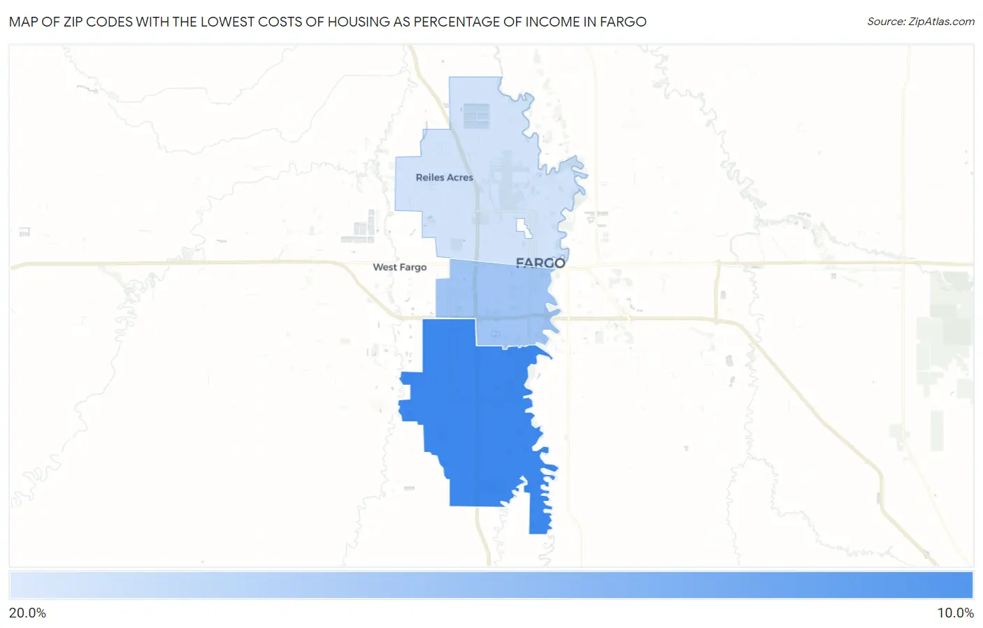 Zip Codes with the Lowest Costs of Housing as Percentage of Income in Fargo Map