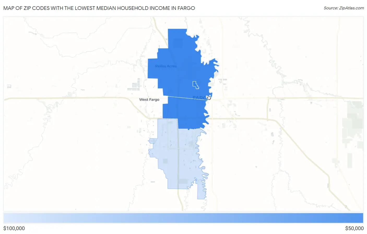 Zip Codes with the Lowest Median Household Income in Fargo Map