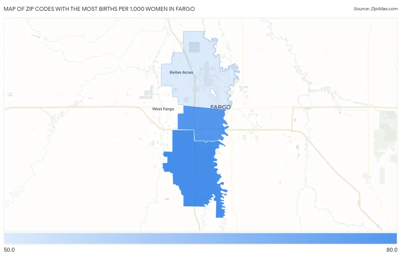 Zip Codes with the Most Births per 1,000 Women in Fargo Map