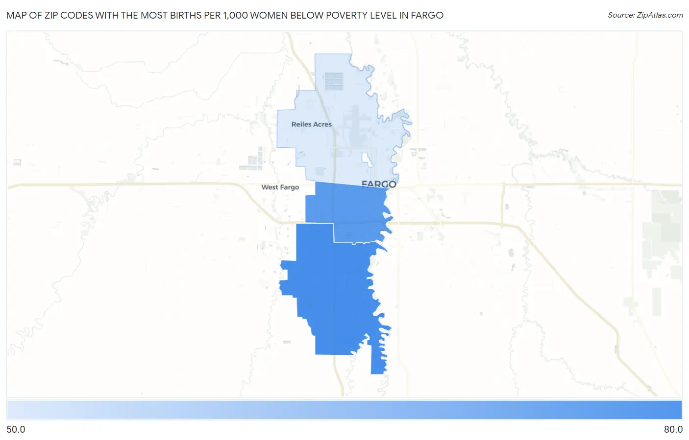 Zip Codes with the Most Births per 1,000 Women Below Poverty Level in Fargo Map