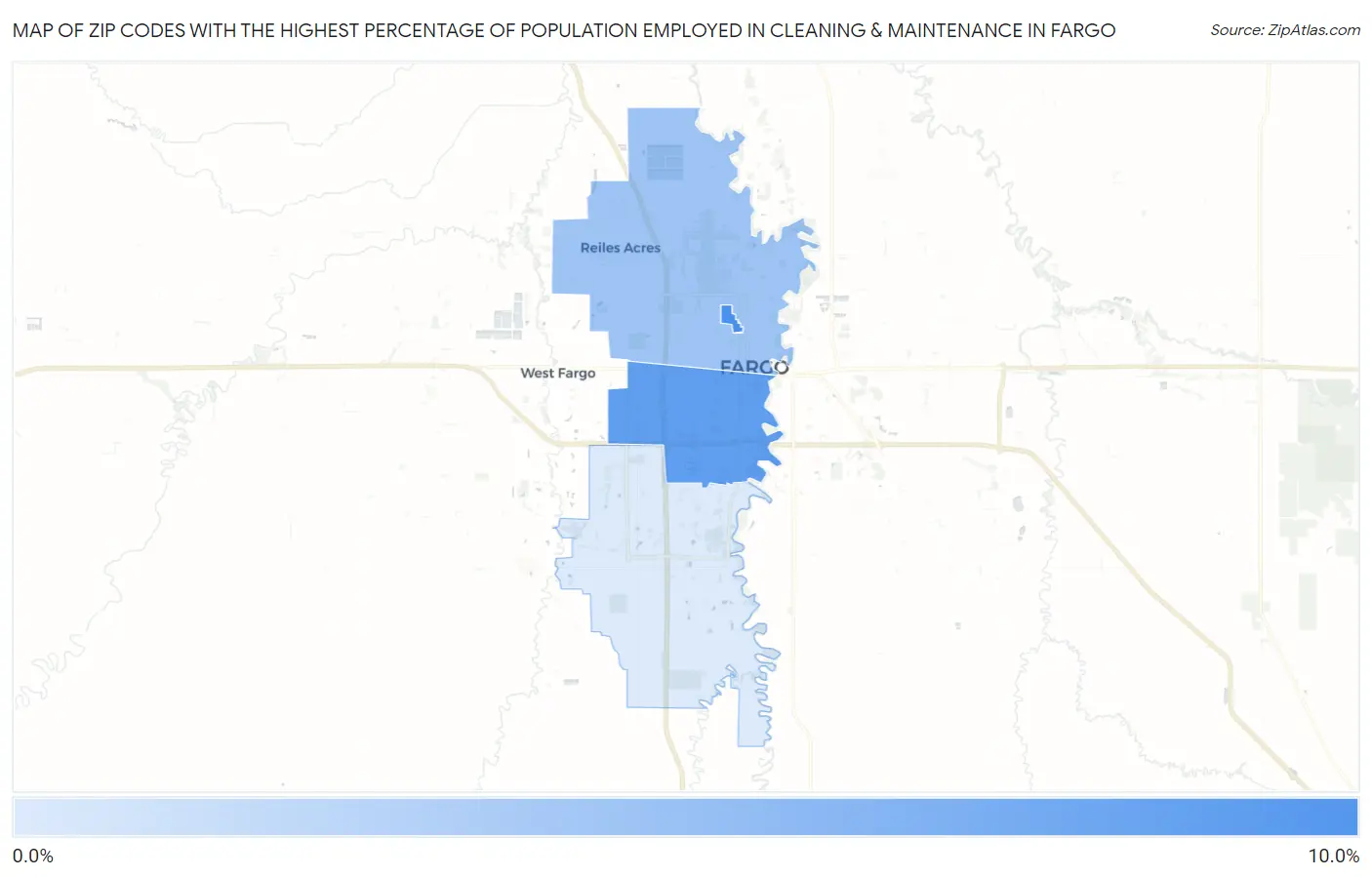 Zip Codes with the Highest Percentage of Population Employed in Cleaning & Maintenance in Fargo Map