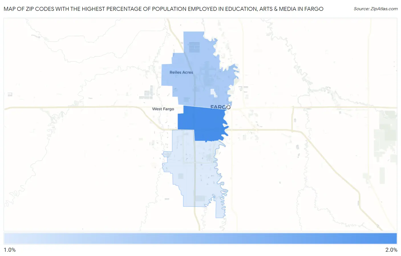 Zip Codes with the Highest Percentage of Population Employed in Education, Arts & Media in Fargo Map