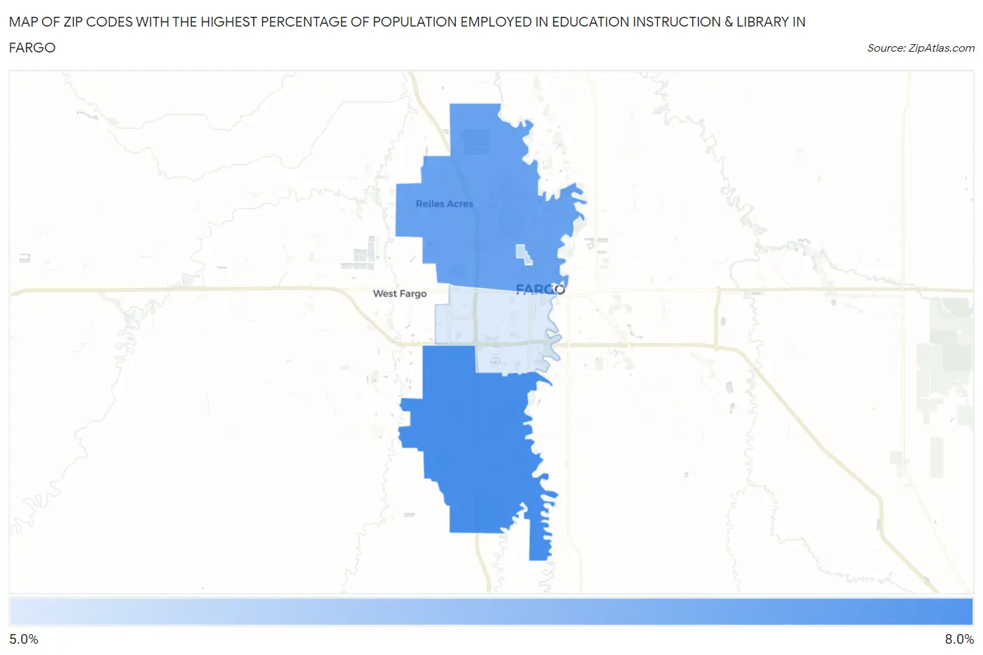 Zip Codes with the Highest Percentage of Population Employed in Education Instruction & Library in Fargo Map