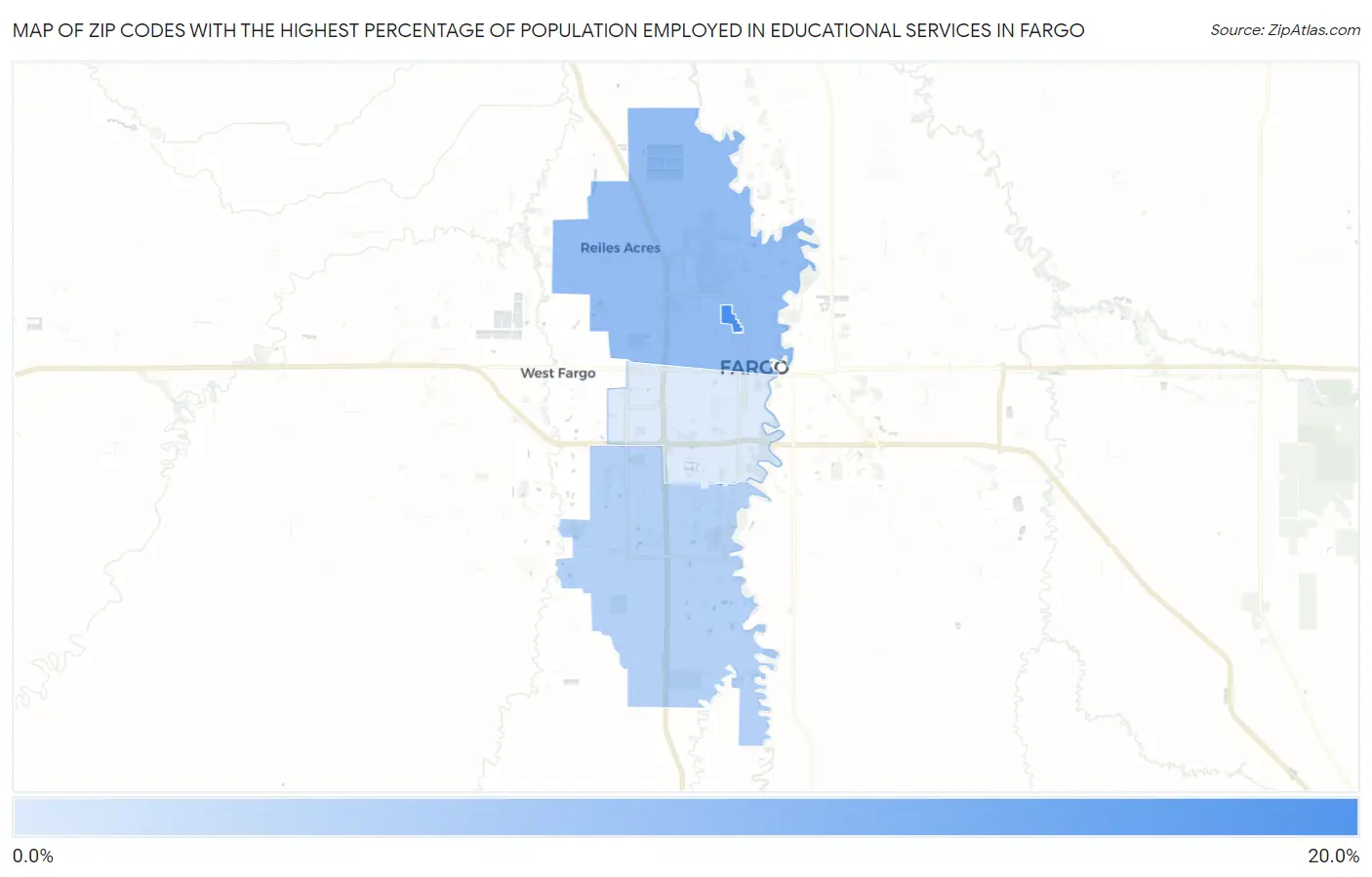 Zip Codes with the Highest Percentage of Population Employed in Educational Services in Fargo Map