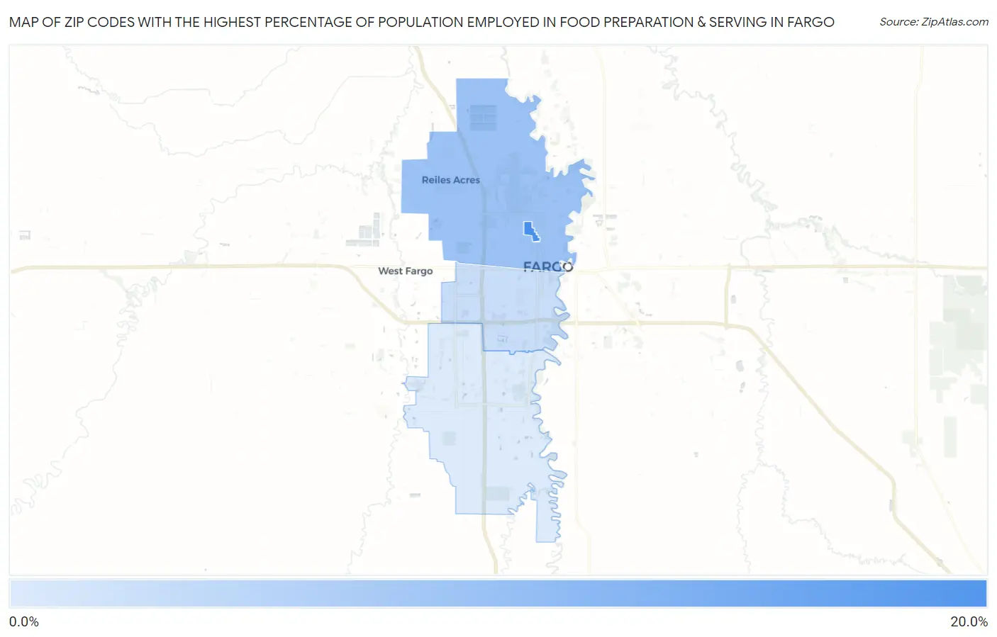 Zip Codes with the Highest Percentage of Population Employed in Food Preparation & Serving in Fargo Map
