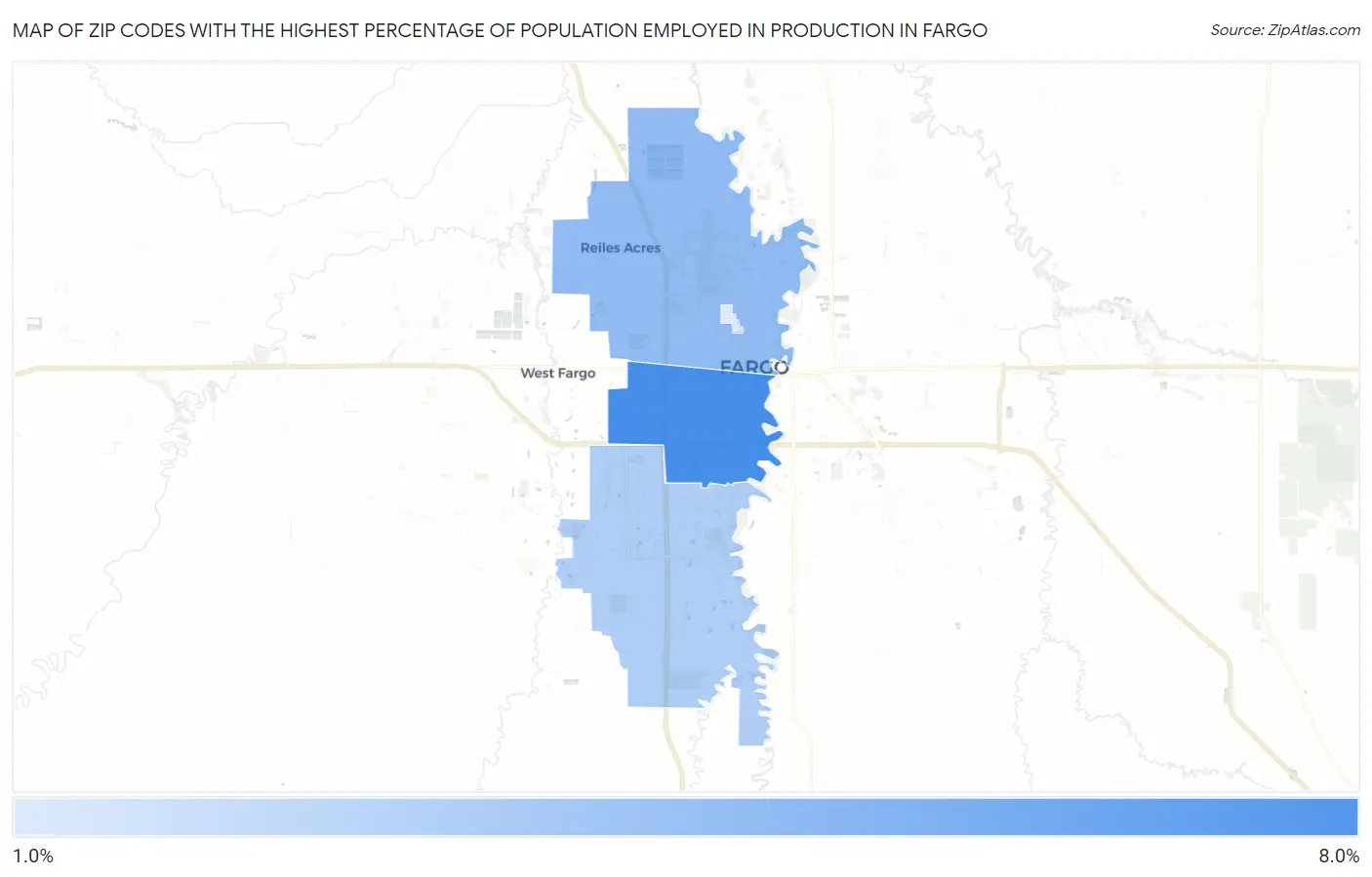 Zip Codes with the Highest Percentage of Population Employed in Production in Fargo Map