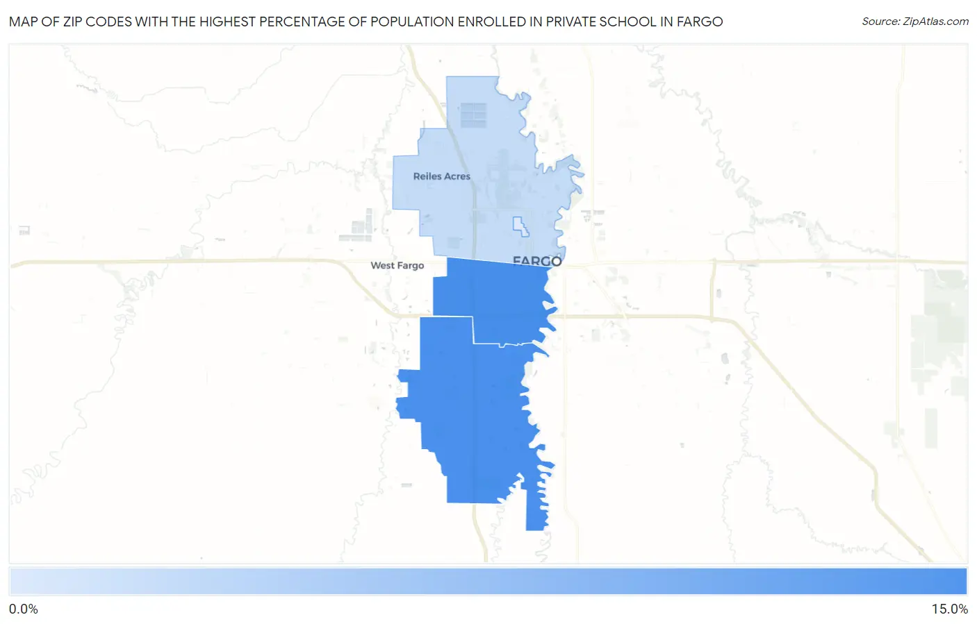Zip Codes with the Highest Percentage of Population Enrolled in Private School in Fargo Map