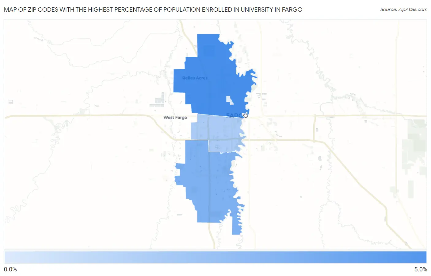 Zip Codes with the Highest Percentage of Population Enrolled in University in Fargo Map