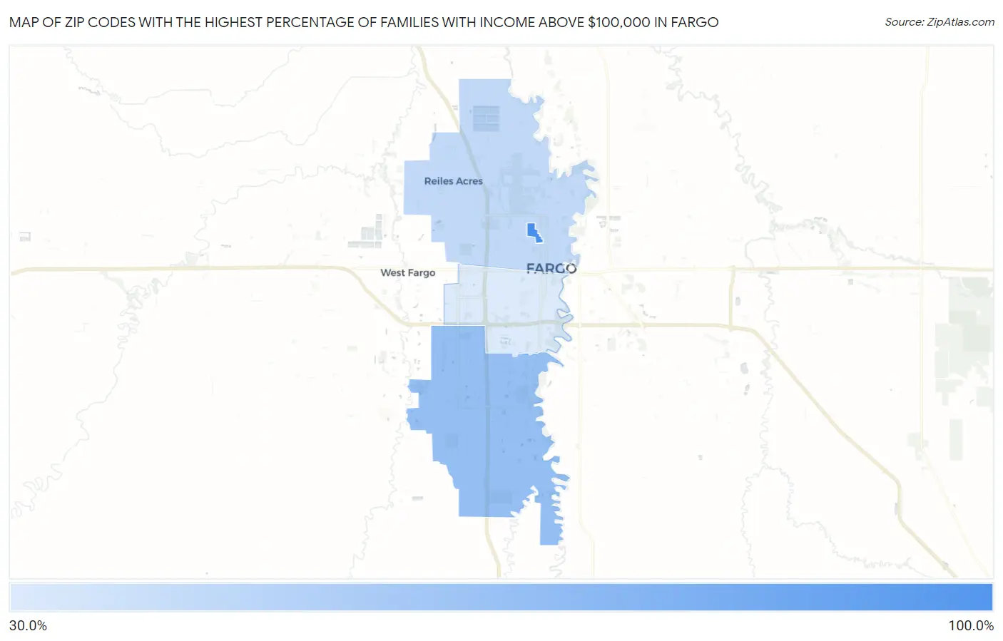 Zip Codes with the Highest Percentage of Families with Income Above $100,000 in Fargo Map
