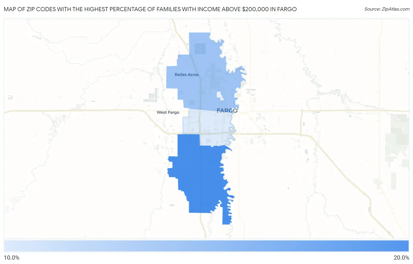 Zip Codes with the Highest Percentage of Families with Income Above $200,000 in Fargo Map