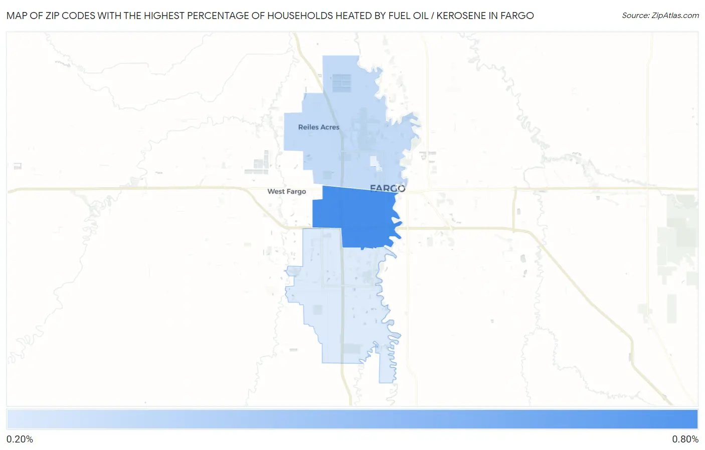 Zip Codes with the Highest Percentage of Households Heated by Fuel Oil / Kerosene in Fargo Map