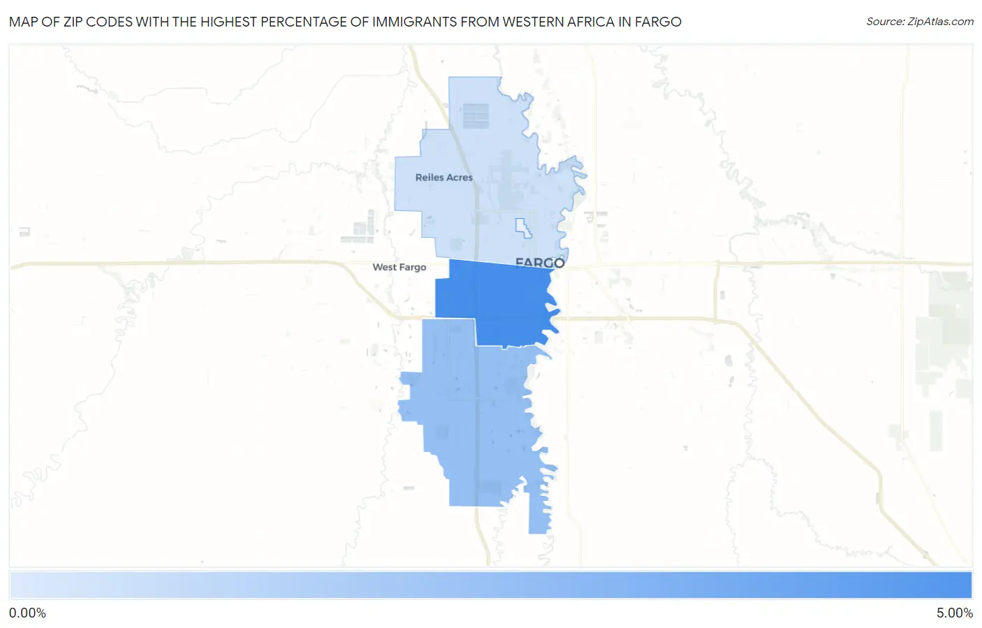 Zip Codes with the Highest Percentage of Immigrants from Western Africa in Fargo Map