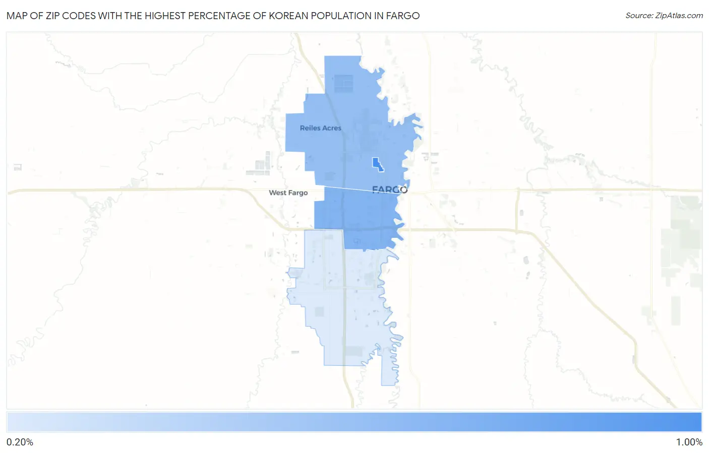 Zip Codes with the Highest Percentage of Korean Population in Fargo Map