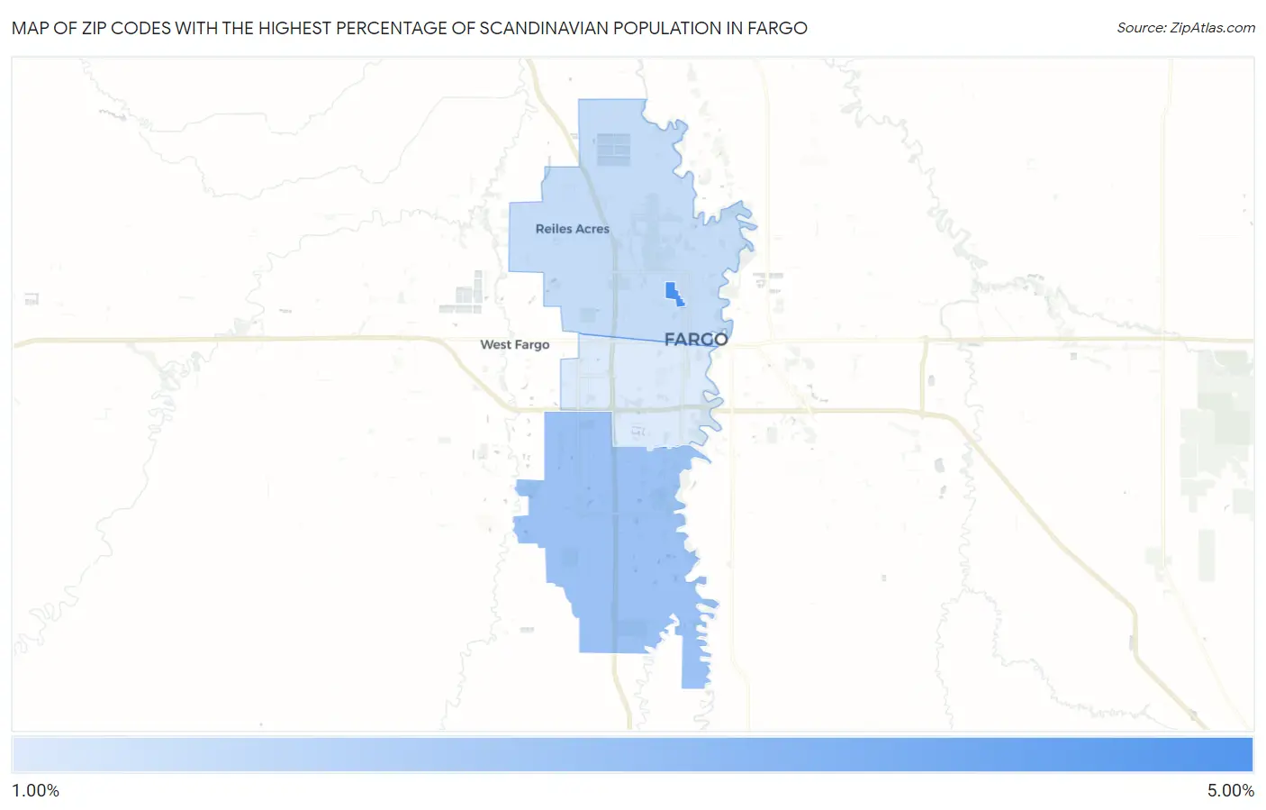 Zip Codes with the Highest Percentage of Scandinavian Population in Fargo Map