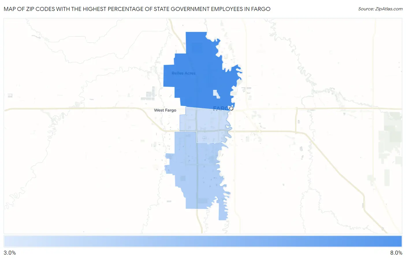 Zip Codes with the Highest Percentage of State Government Employees in Fargo Map