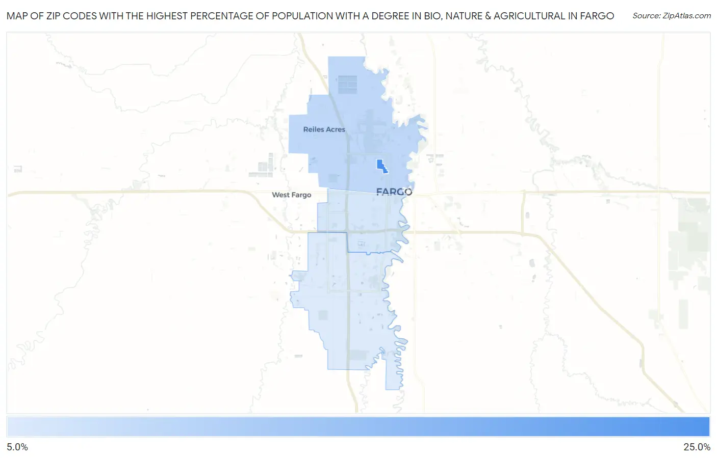Zip Codes with the Highest Percentage of Population with a Degree in Bio, Nature & Agricultural in Fargo Map